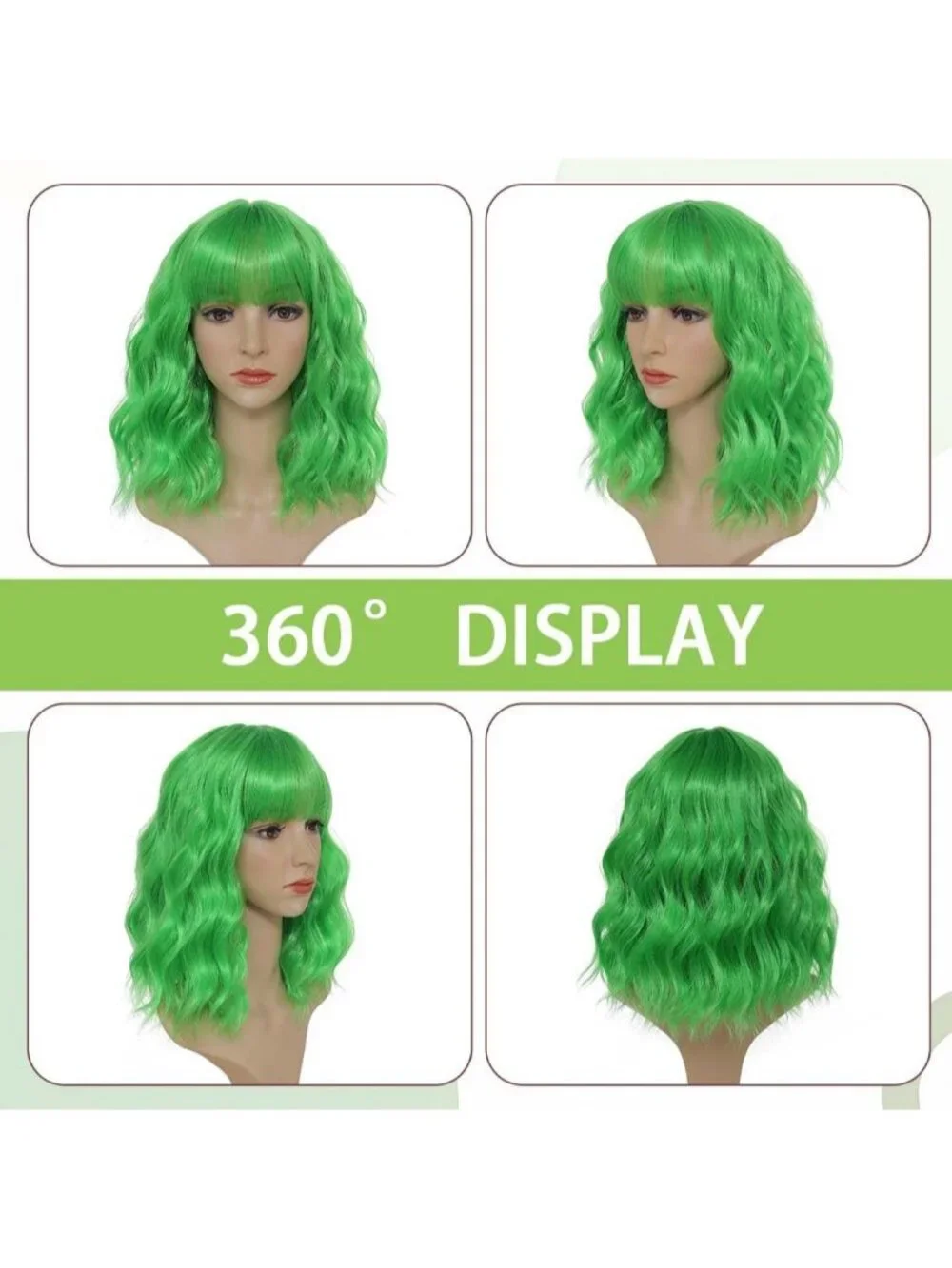 Women's Grass Green 14 Inch Short Shoulder Length Synthetic Bangs Wavy Bob Wig